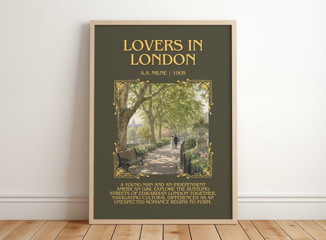 Lovers In London Minimalist Book Poster by A.A. Milne – framed print leaning on a wooden floor