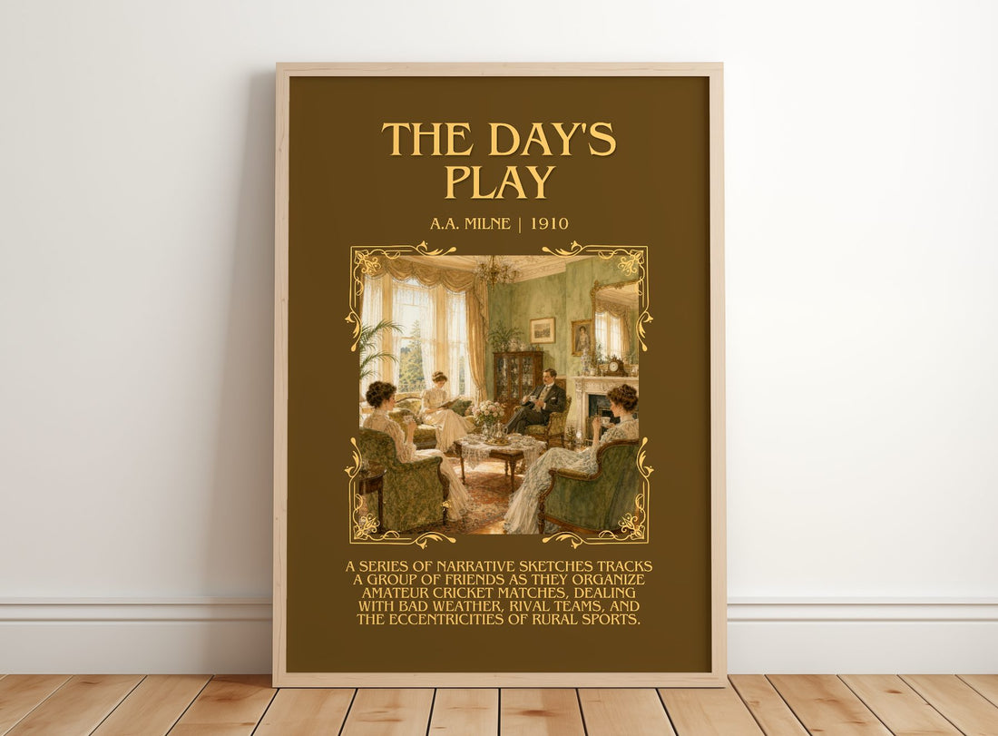 The Day'S Play Minimalist Book Poster by A.A. Milne – framed print leaning on a wooden floor