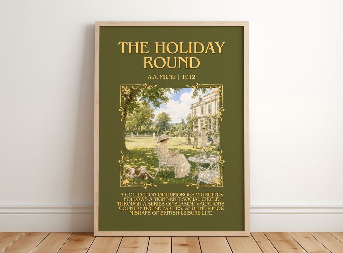 The Holiday Round Minimalist Book Poster by A.A. Milne – framed print leaning on a wooden floor