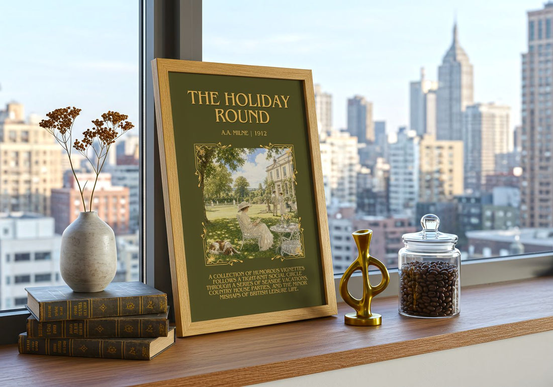 The Holiday Round Minimalist Book Poster by A.A. Milne – framed print on a city-view windowsill