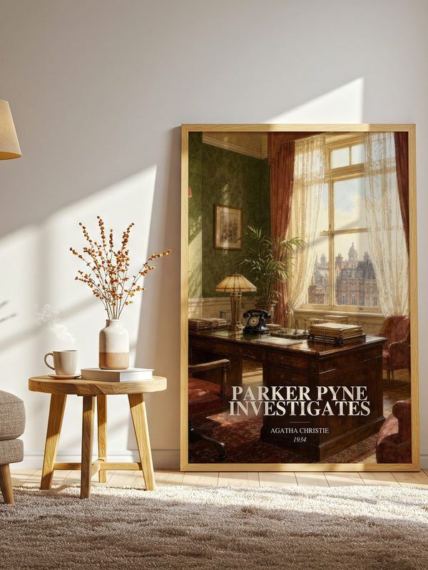 Parker Pyne Investigates watercolour print in frame leaning in hallway – mystery wall art