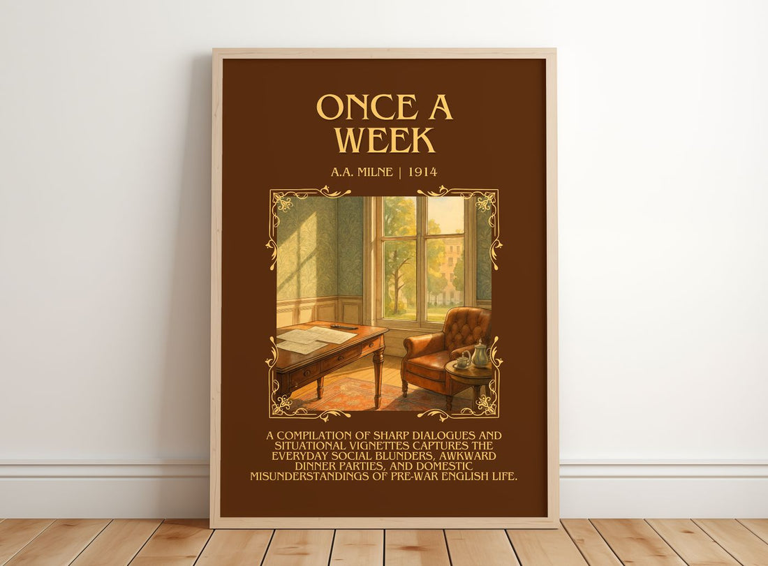 Once A Week Minimalist Book Poster by A.A. Milne – framed print leaning on a wooden floor