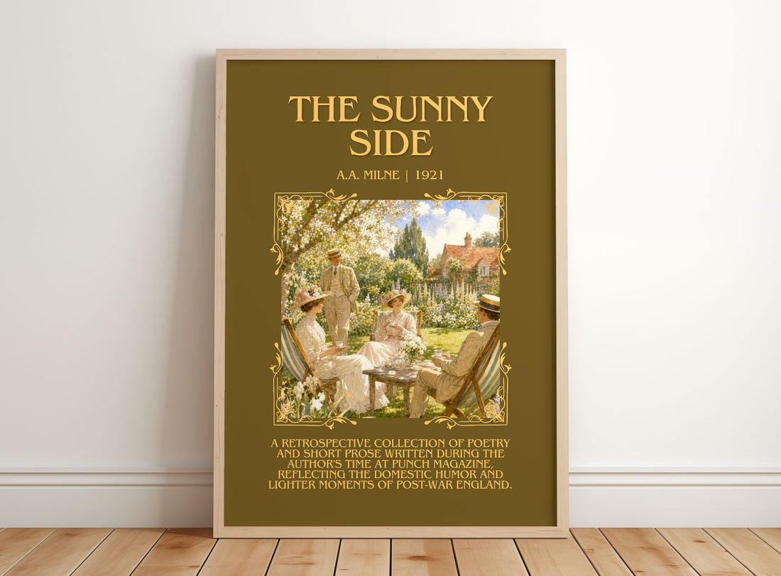 The Sunny Side Minimalist Book Poster by A.A. Milne – framed print leaning on a wooden floor