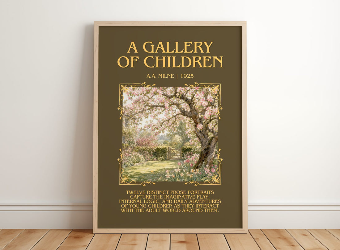 A Gallery Of Children Minimalist Book Poster by A.A. Milne – framed print leaning on a wooden floor