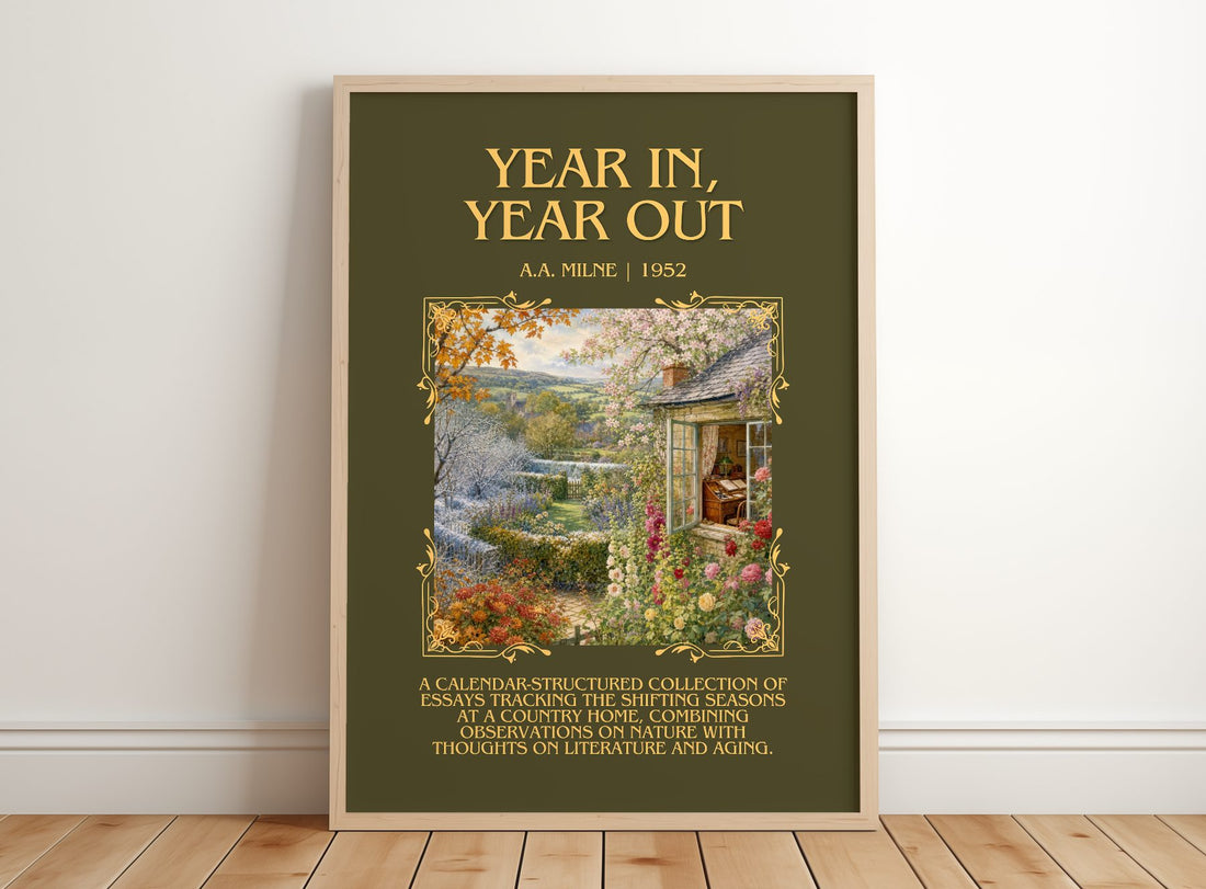 Year In, Year Out Minimalist Book Poster by A.A. Milne – framed print leaning on a wooden floor