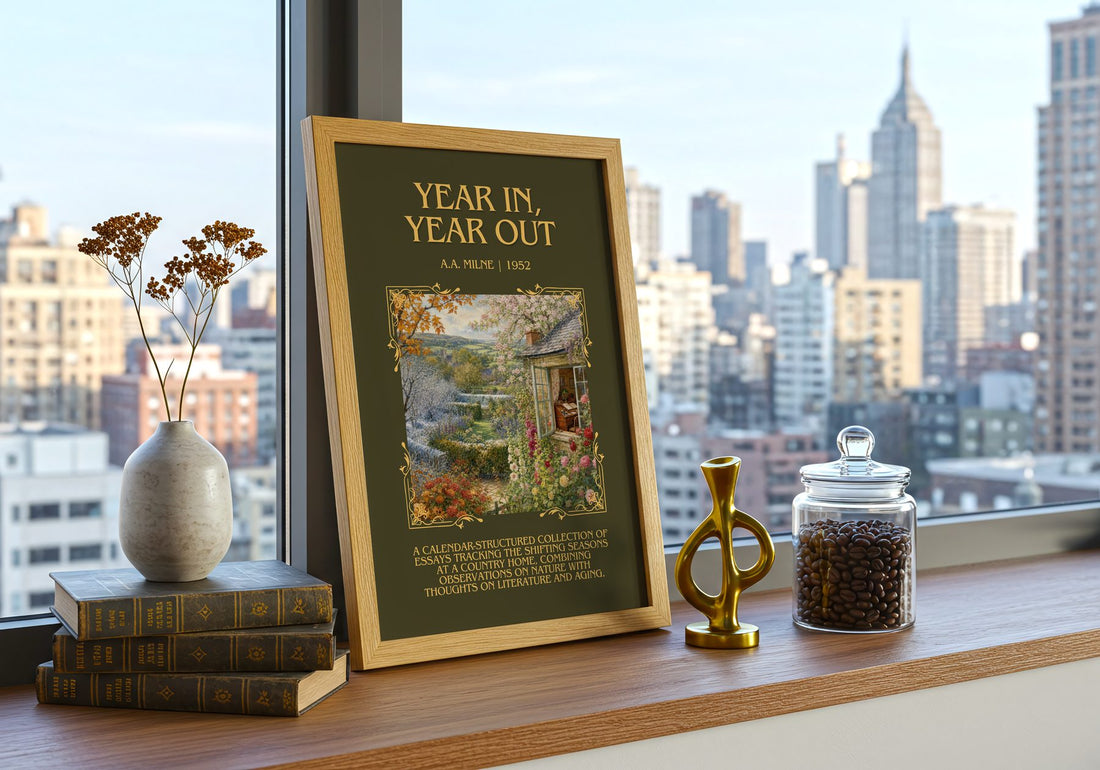 Year In, Year Out Minimalist Book Poster by A.A. Milne – framed print on a city-view windowsill