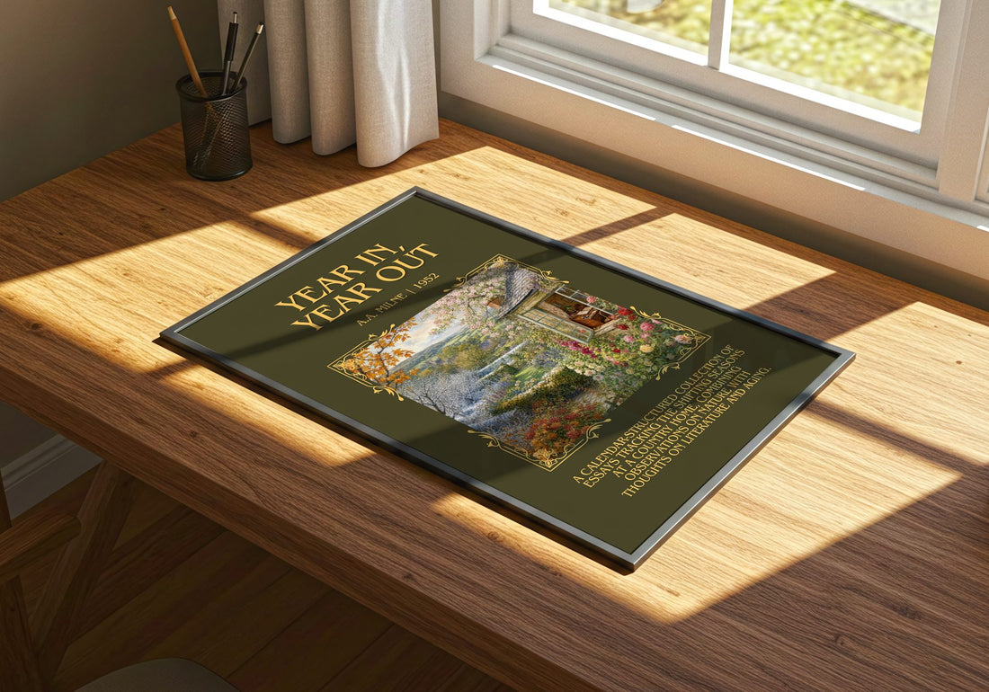 Year In, Year Out Minimalist Book Poster by A.A. Milne – print on a sunlit desk