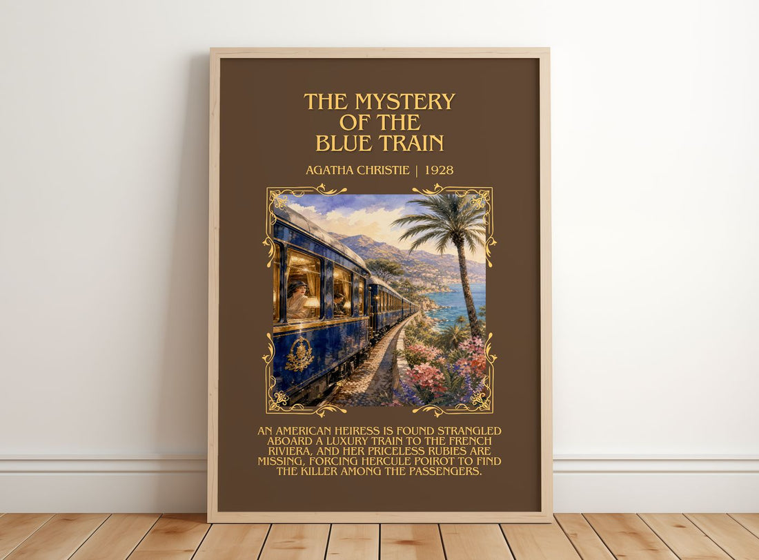 Mystery Of The Blue Train Minimalist Book Poster by Agatha Christie – framed print leaning on a wooden floor