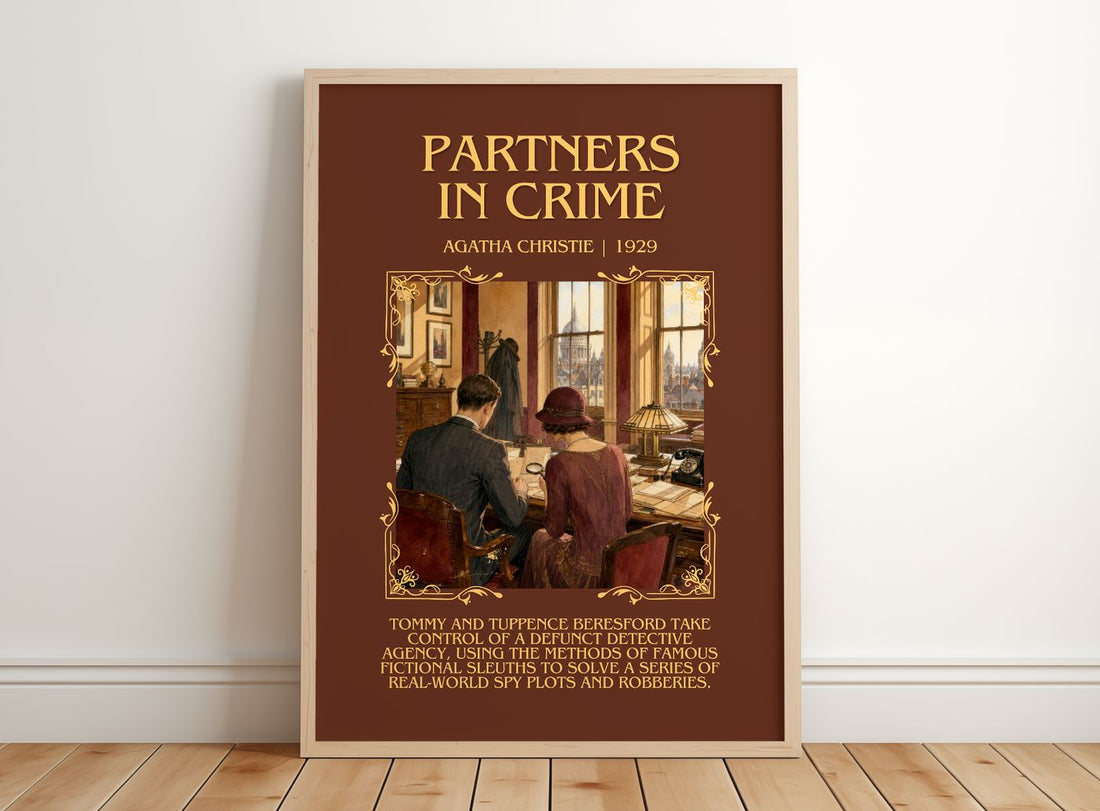 Partners In Crime Minimalist Book Poster by Agatha Christie – framed print leaning on a wooden floor