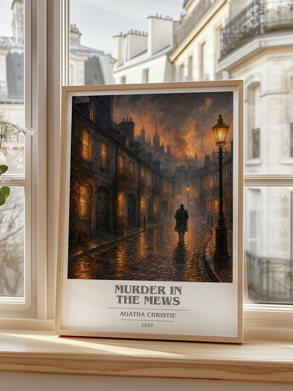 Murder In The Mews Book Cover Poster by Agatha Christie – framed print by a bright window