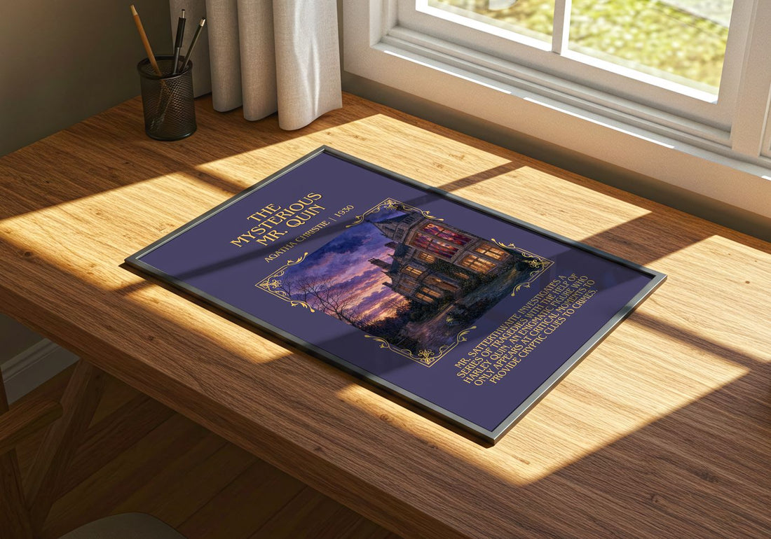 The Mysterious Mr. Quin Minimalist Book Poster by Agatha Christie – print on a sunlit desk
