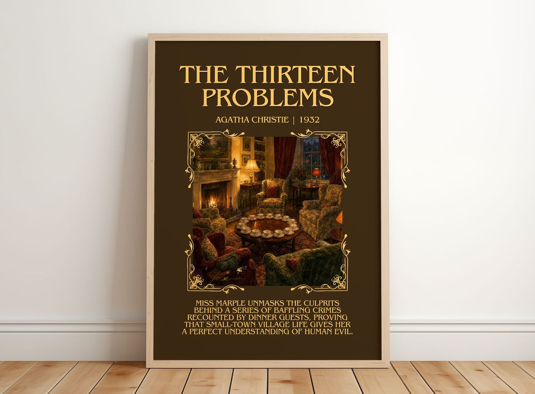 The Thirteen Problems Minimalist Book Poster by Agatha Christie – framed print leaning on a wooden floor