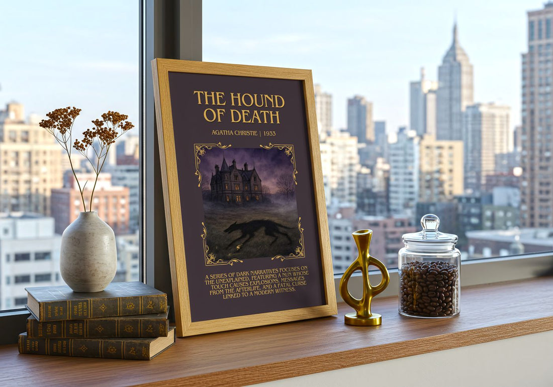 The Hound Of Death Minimalist Book Poster by Agatha Christie – framed print on a city-view windowsill