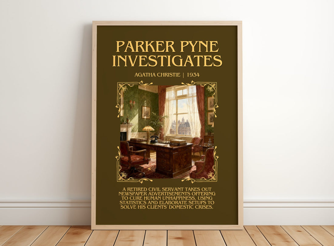 Parker Pyne Investigates Minimalist Book Poster by Agatha Christie – framed print leaning on a wooden floor