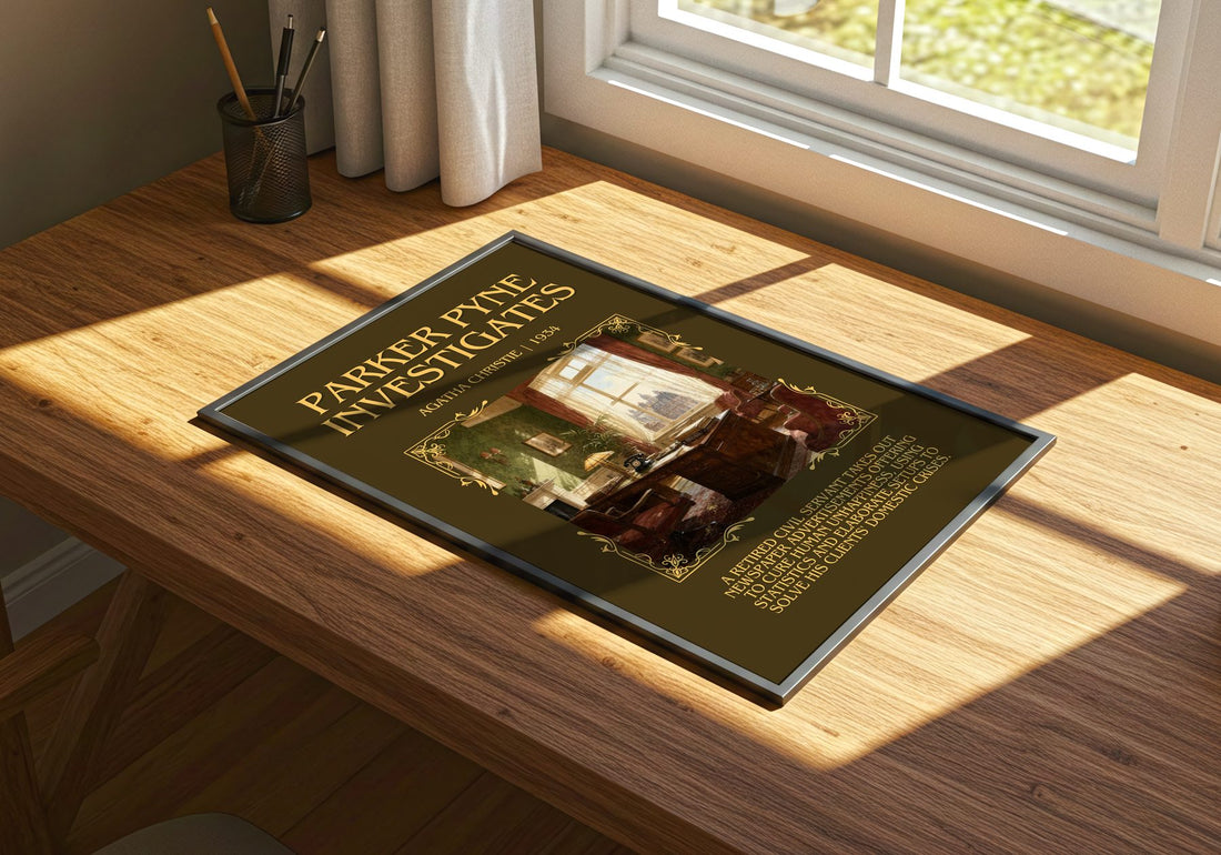 Parker Pyne Investigates Minimalist Book Poster by Agatha Christie – print on a sunlit desk