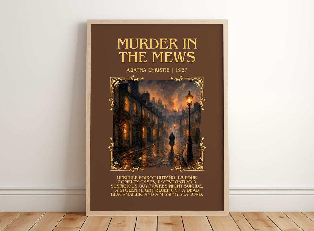 Murder In The Mews Minimalist Book Poster by Agatha Christie – framed print leaning on a wooden floor