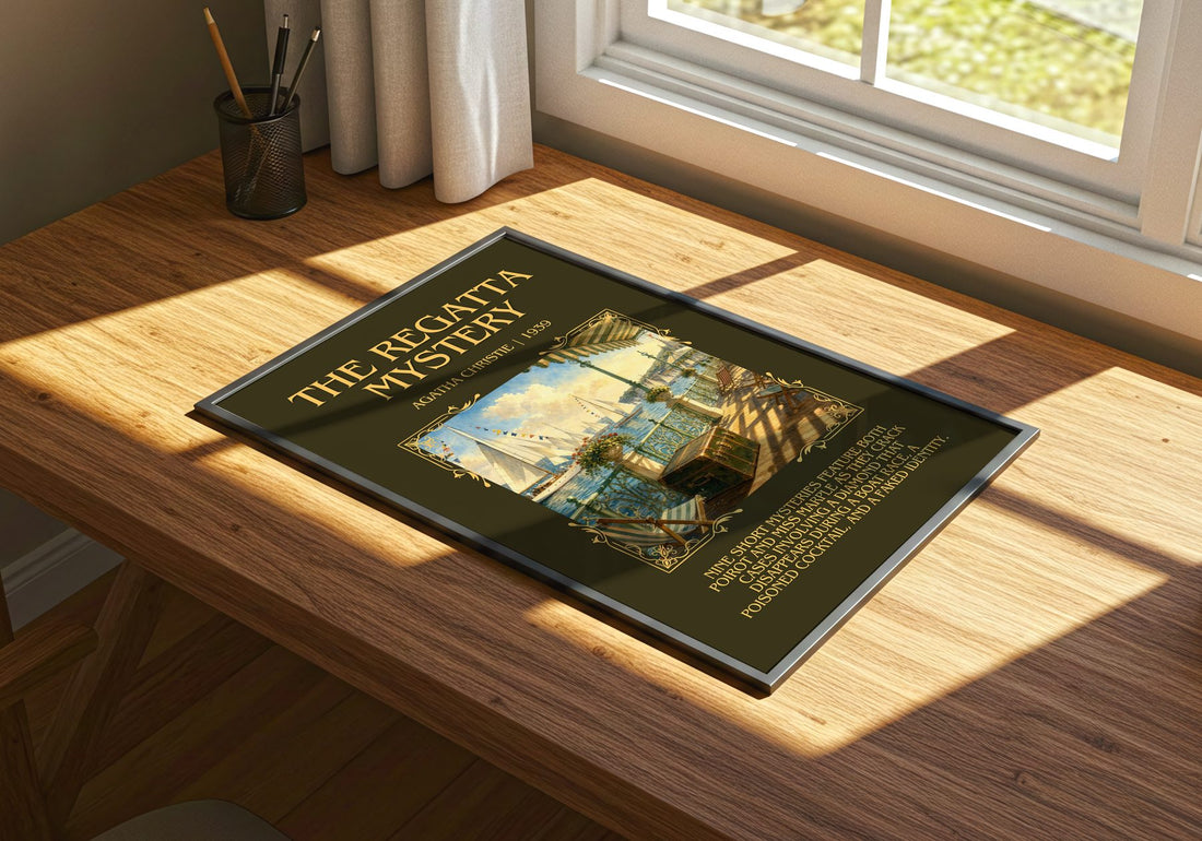 The Regatta Mystery Minimalist Book Poster by Agatha Christie – print on a sunlit desk