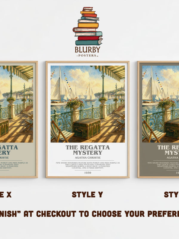 The Regatta Mystery bookish print in frame leaning in hallway – mystery wall art