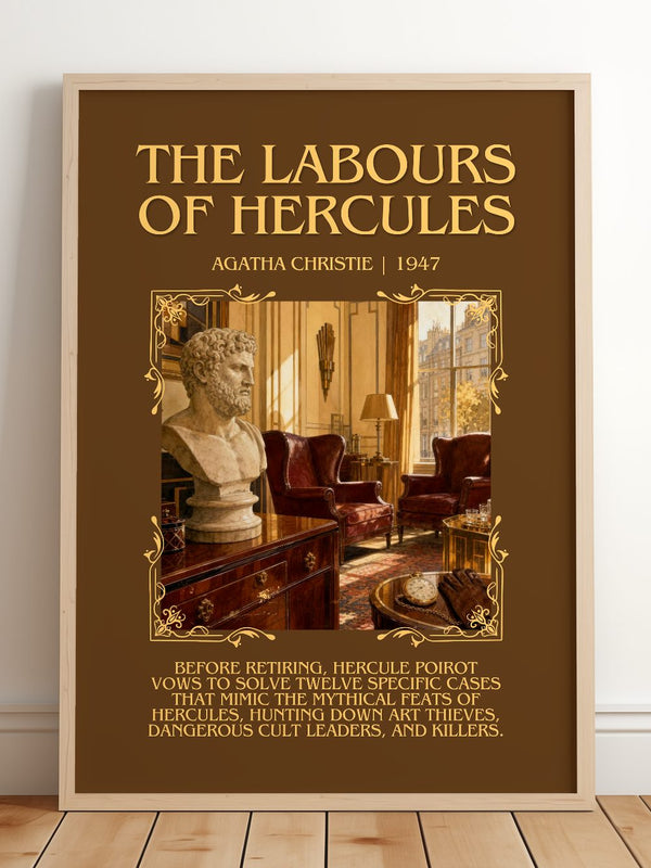 The Labours Of Hercules Minimalist Book Poster by Agatha Christie – framed print leaning on a wooden floor