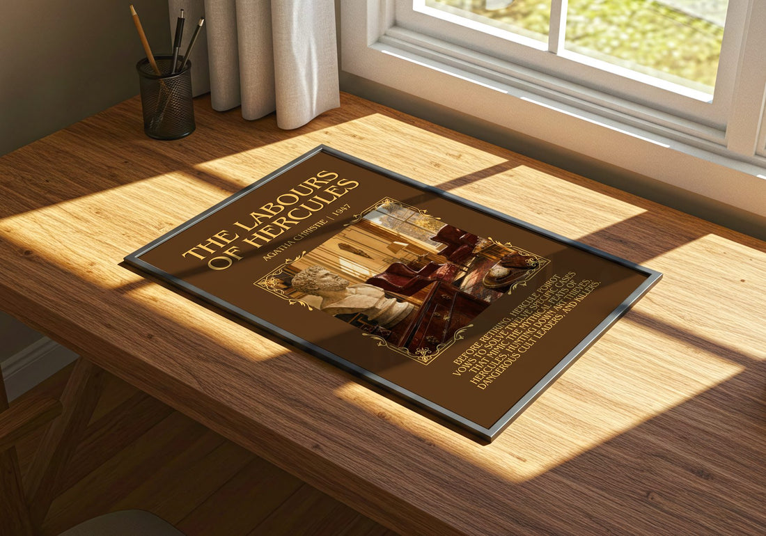 The Labours Of Hercules Minimalist Book Poster by Agatha Christie – print on a sunlit desk