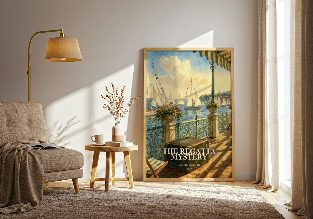 The Regatta Mystery watercolour print in frame leaning in hallway – mystery wall art (mockup)