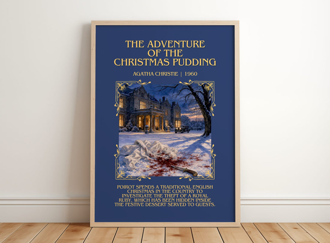 Adventure Of The Christmas Pudding Minimalist Book Poster – framed print leaning on a wooden floor