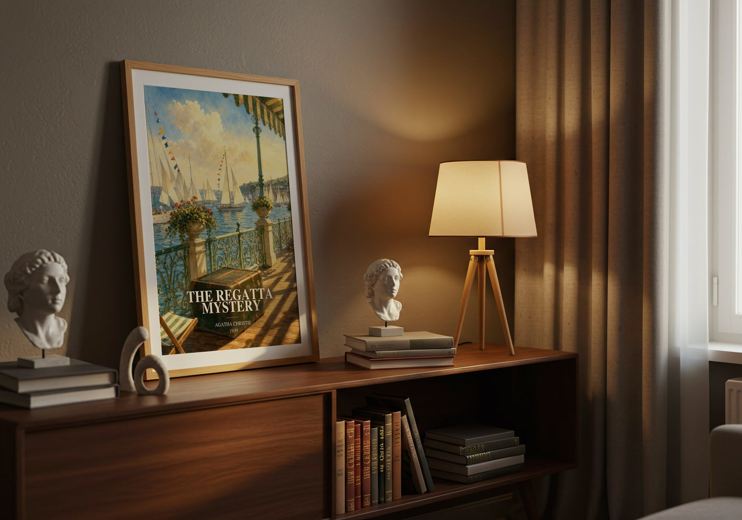 The Regatta Mystery watercolour print on bookshelf – Agatha Christie fan gift