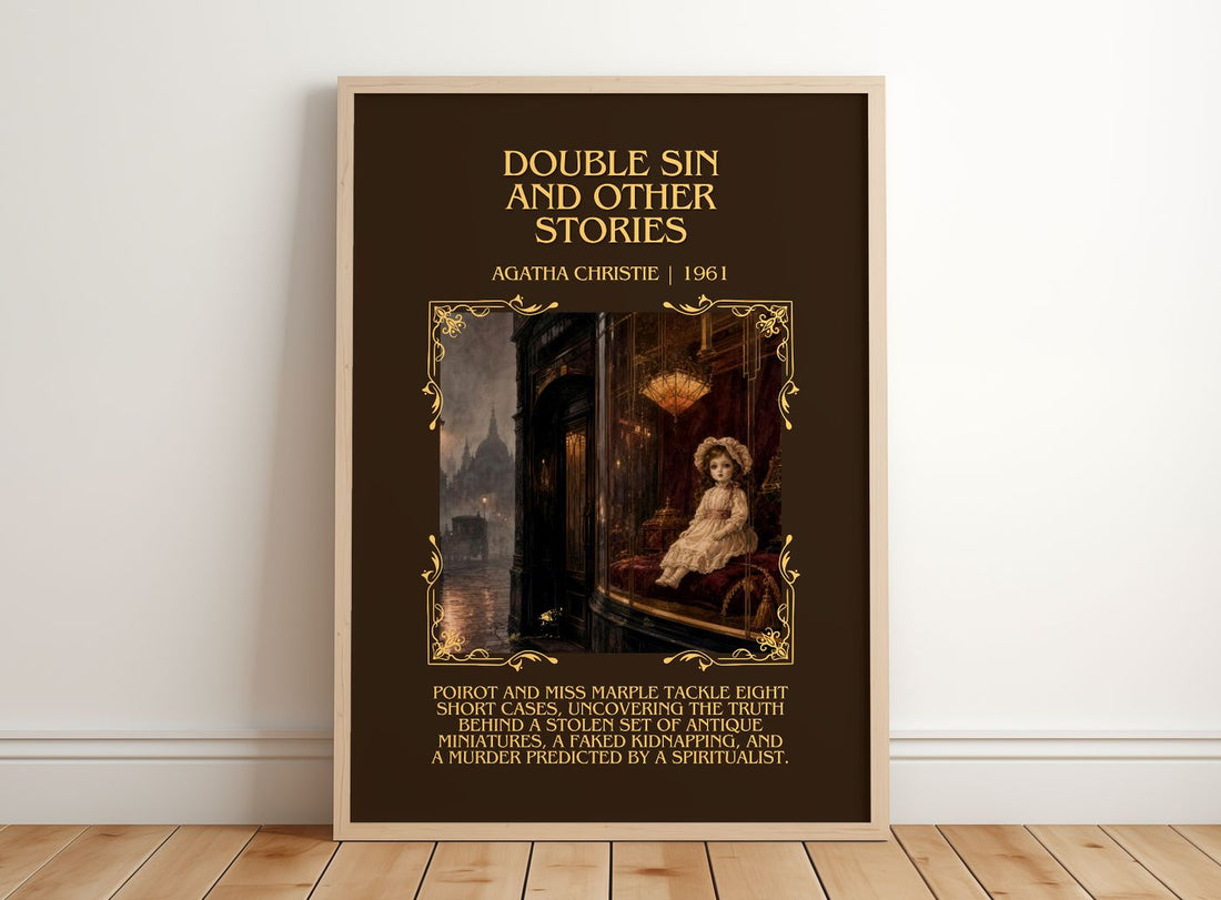 Double Sin And Other Stories Minimalist Book Poster by Agatha Christie – framed print leaning on a wooden floor
