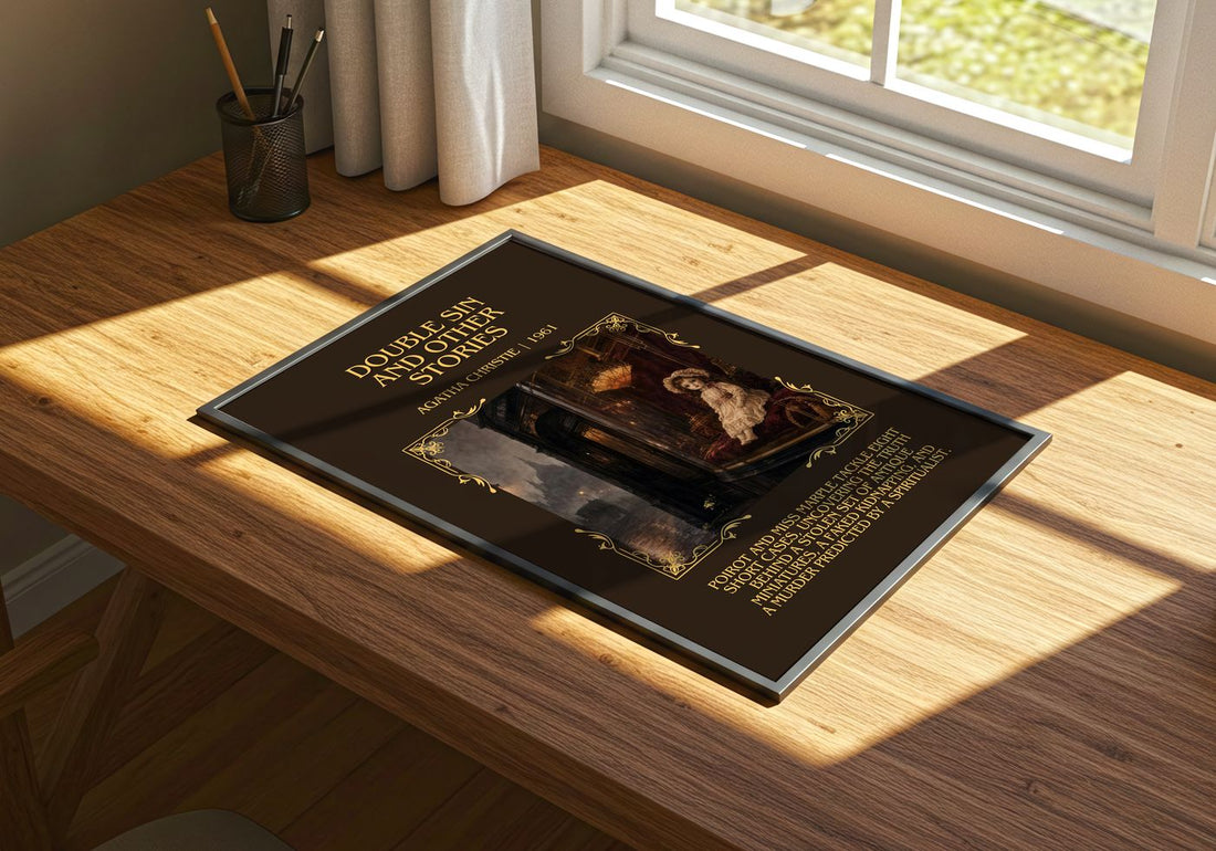 Double Sin And Other Stories Minimalist Book Poster by Agatha Christie – print on a sunlit desk