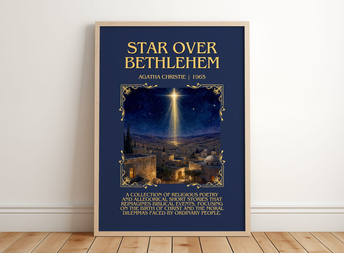 Star Over Bethlehem Minimalist Book Poster by Agatha Christie – framed print leaning on a wooden floor