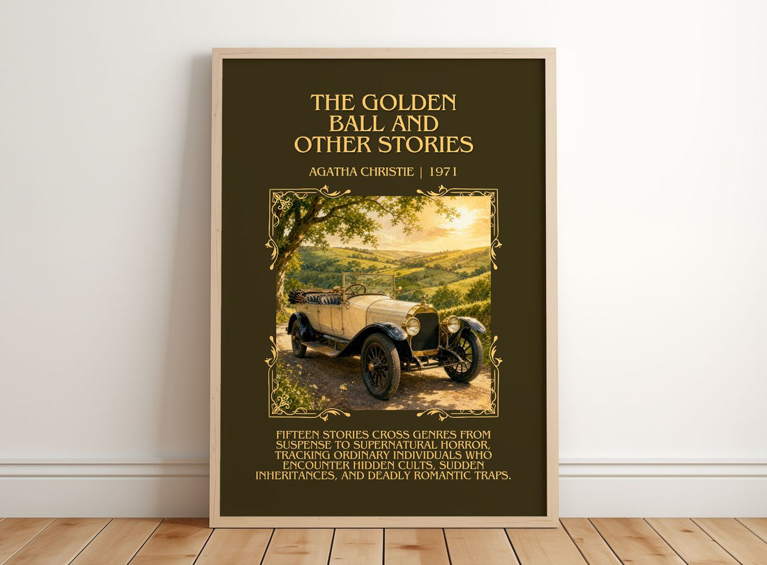 Golden Ball And Other Stories Minimalist Book Poster by A. Christie – framed print leaning on a wooden floor