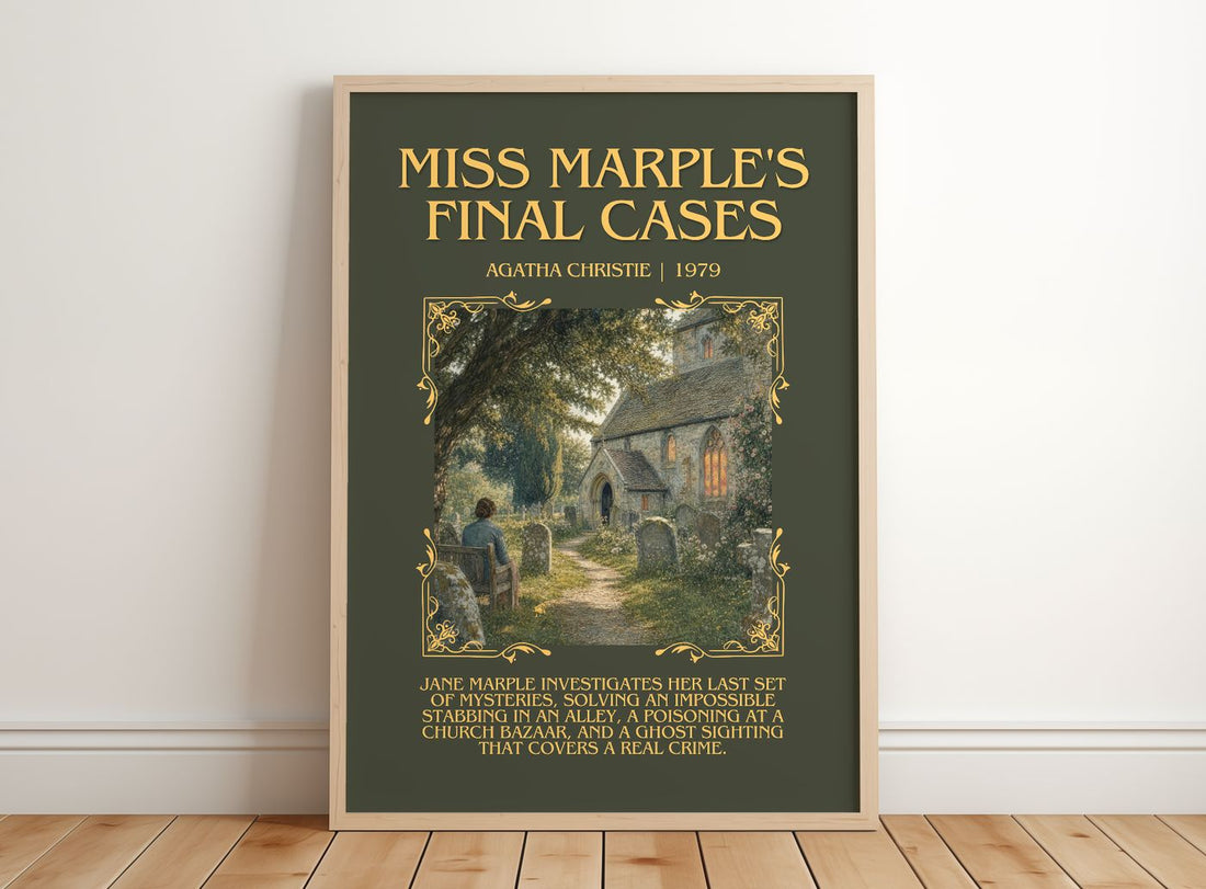Miss Marple'S Final Cases Minimalist Book Poster by Agatha Christie – framed print leaning on a wooden floor