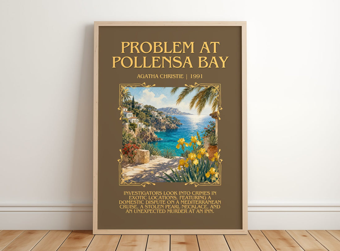 Problem At Pollensa Bay Minimalist Book Poster by Agatha Christie – framed print leaning on a wooden floor