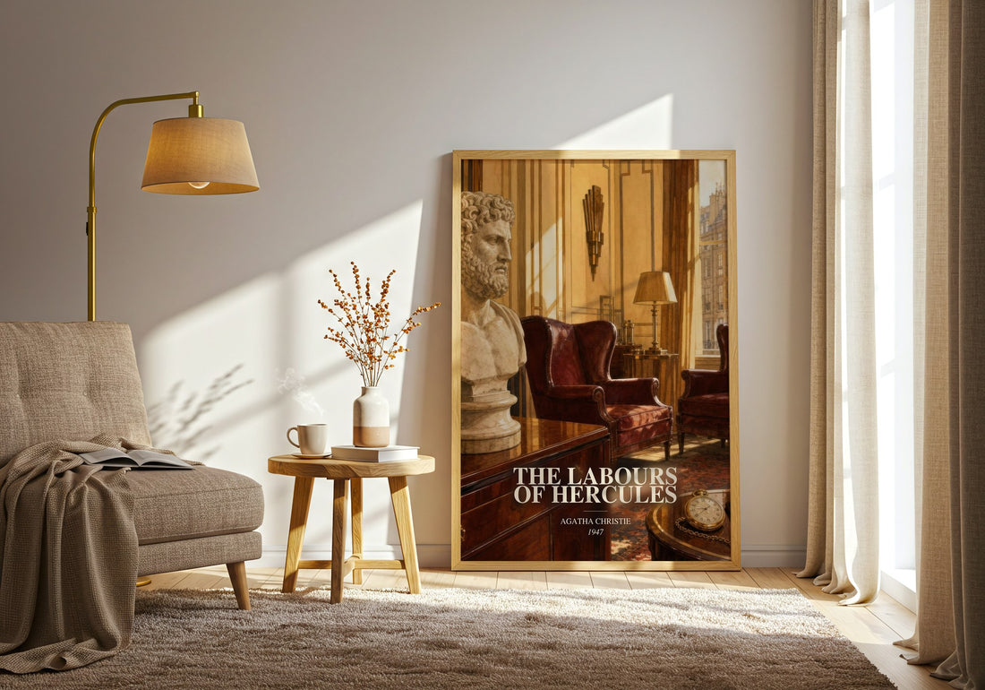 The Labours Of Hercules watercolour print in frame leaning in hallway – mystery wall art (mockup)