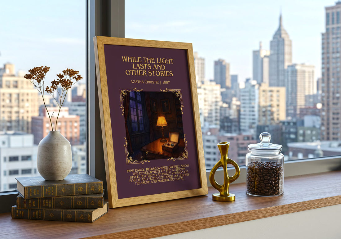 While The Light Lasts And Other Stories Minimalist Book Poster – framed print on a city-view windowsill