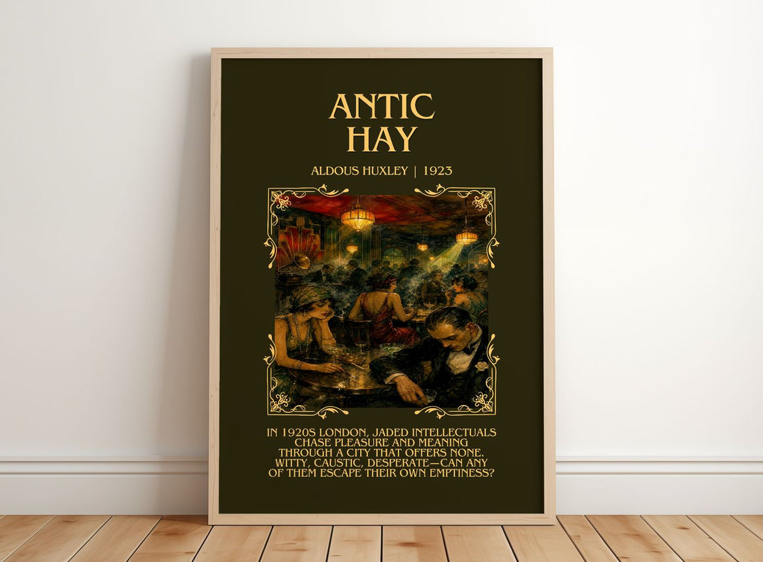 Antic Hay Minimalist Book Poster by Aldous Huxley – framed print leaning on a wooden floor