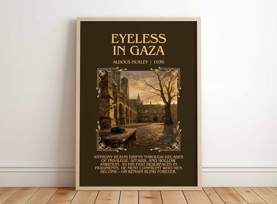 Eyeless In Gaza Minimalist Book Poster by Aldous Huxley – framed print leaning on a wooden floor