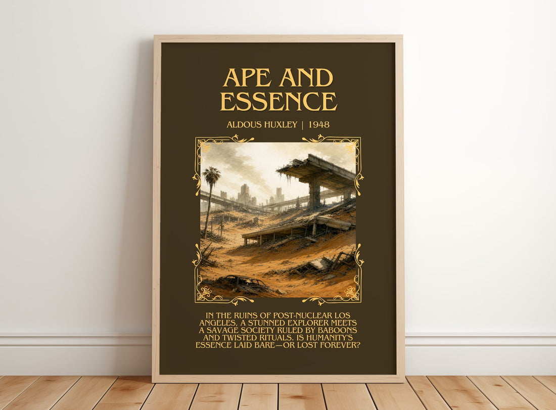 Ape And Essence Minimalist Book Poster by Aldous Huxley – framed print leaning on a wooden floor