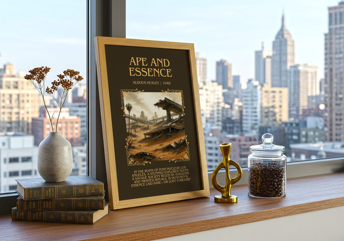 Ape And Essence Minimalist Book Poster by Aldous Huxley – framed print on a city-view windowsill