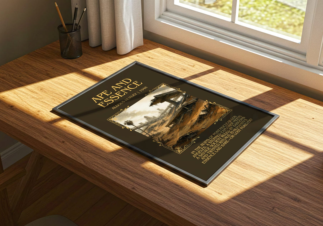 Ape And Essence Minimalist Book Poster by Aldous Huxley – print on a sunlit desk