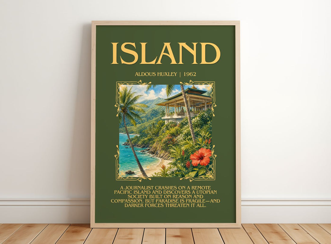 Island Minimalist Book Poster by Aldous Huxley – framed print leaning on a wooden floor