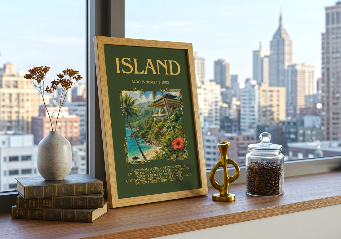 Island Minimalist Book Poster by Aldous Huxley – framed print on a city-view windowsill