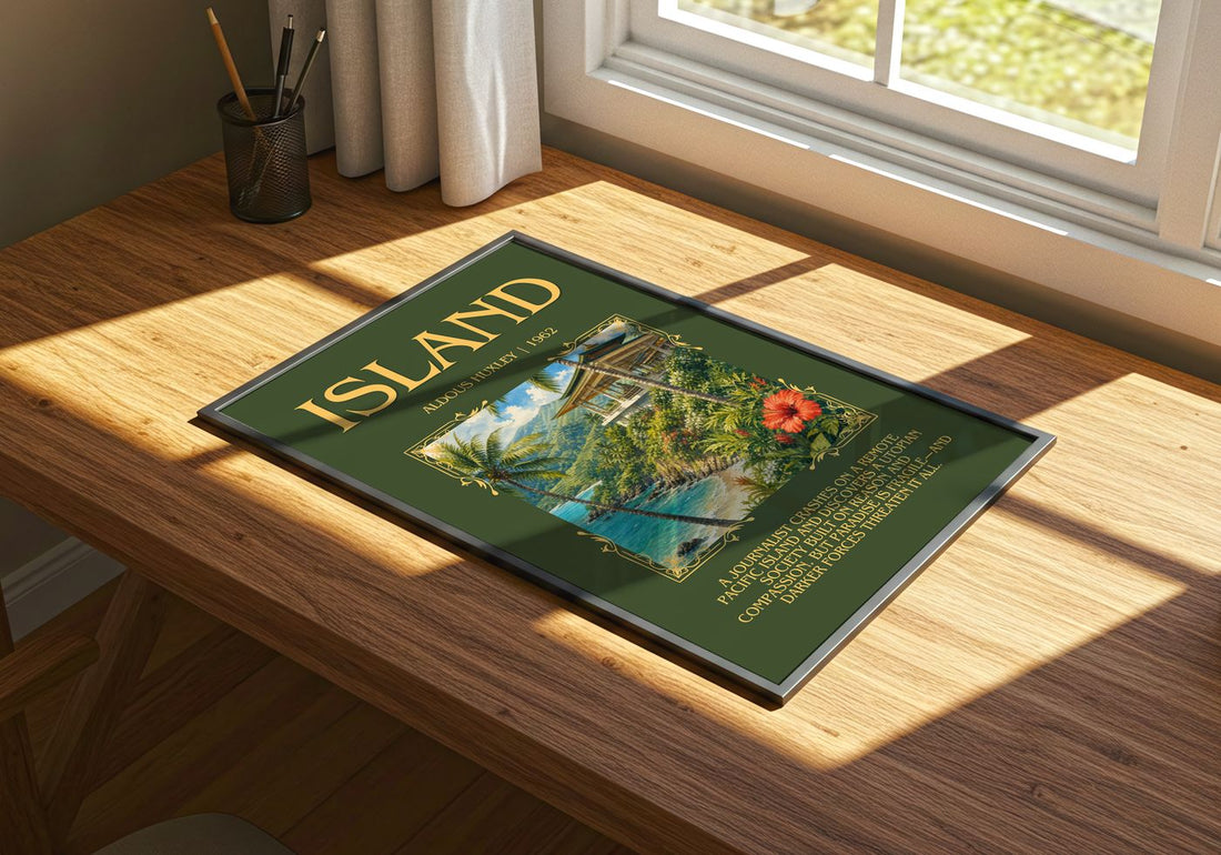 Island Minimalist Book Poster by Aldous Huxley – print on a sunlit desk