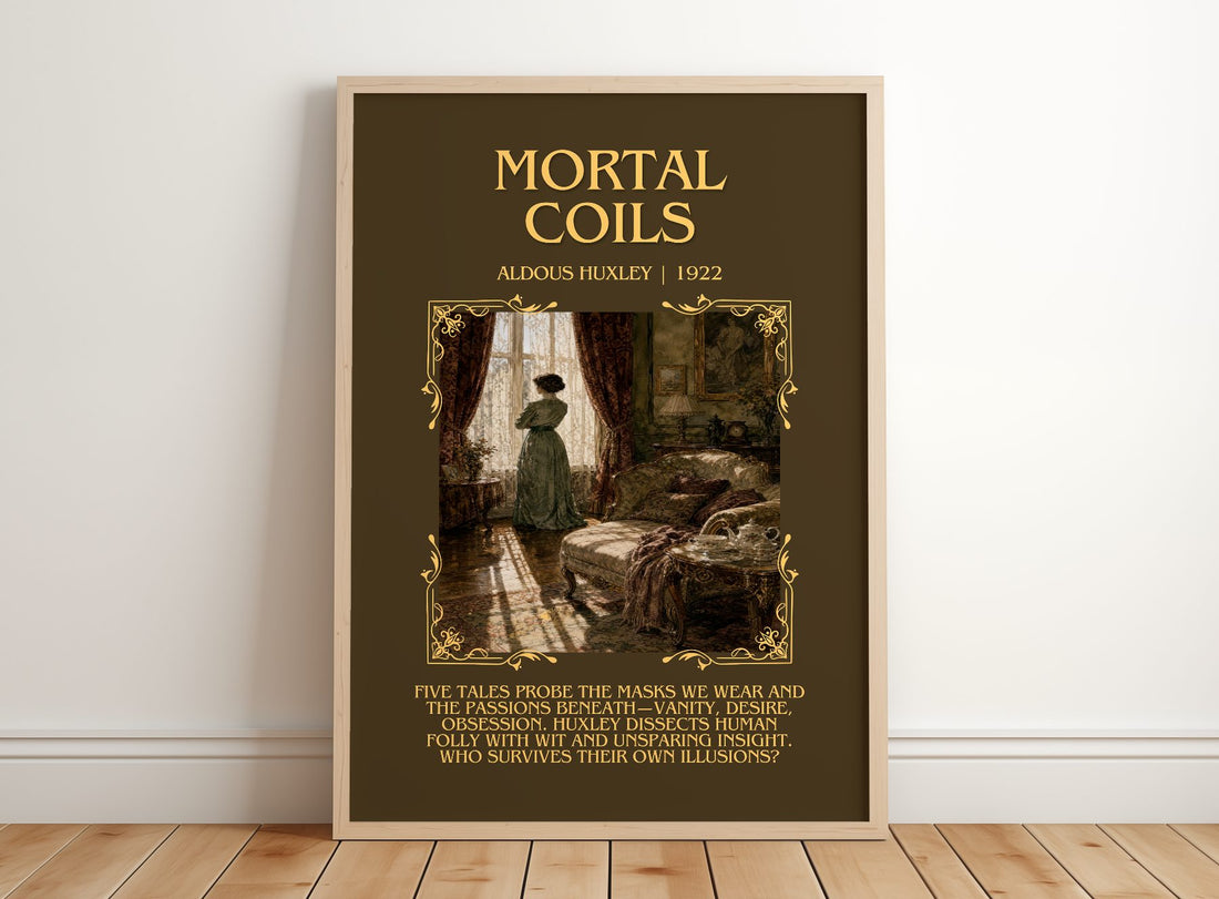 Mortal Coils Minimalist Book Poster by Aldous Huxley – framed print leaning on a wooden floor