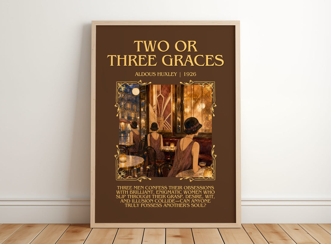 Two Or Three Graces Minimalist Book Poster by Aldous Huxley – framed print leaning on a wooden floor