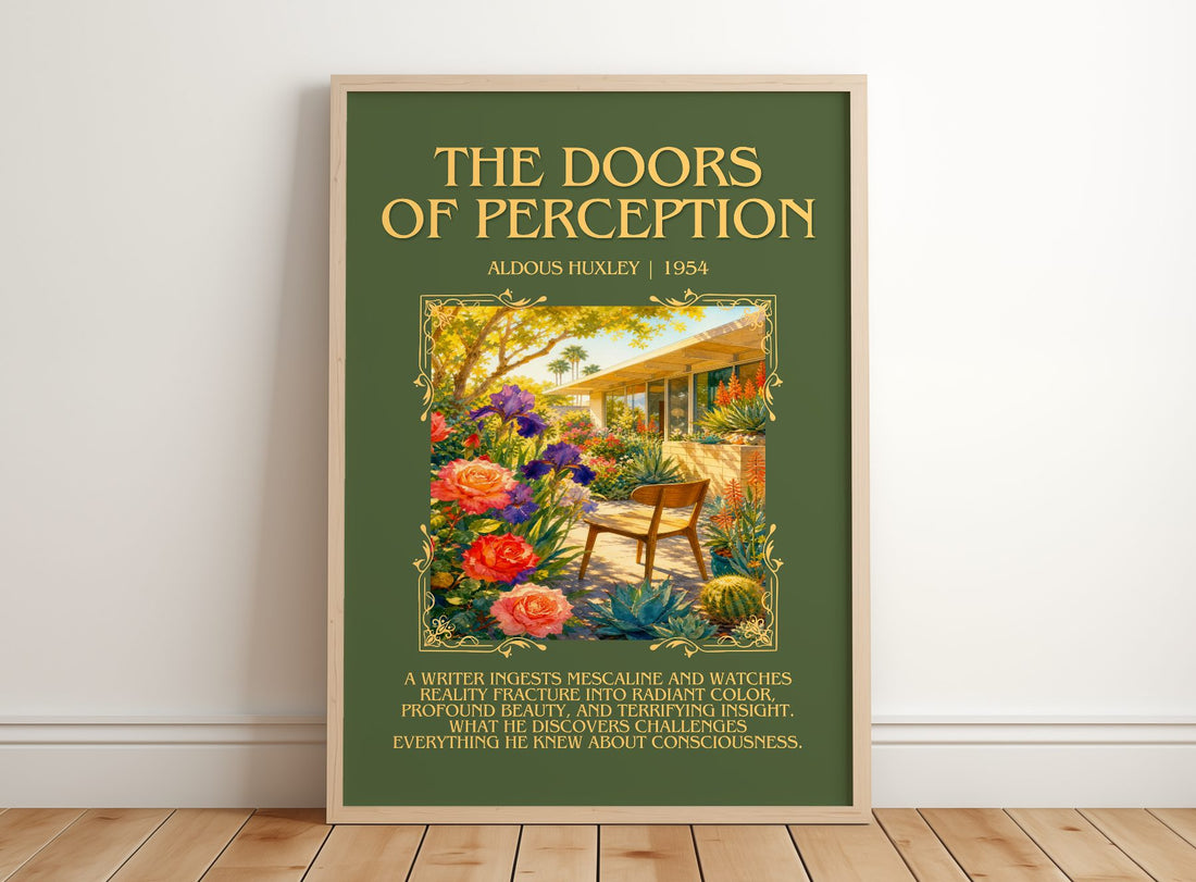 The Doors Of Perception Minimalist Book Poster by Aldous Huxley – framed print leaning on a wooden floor