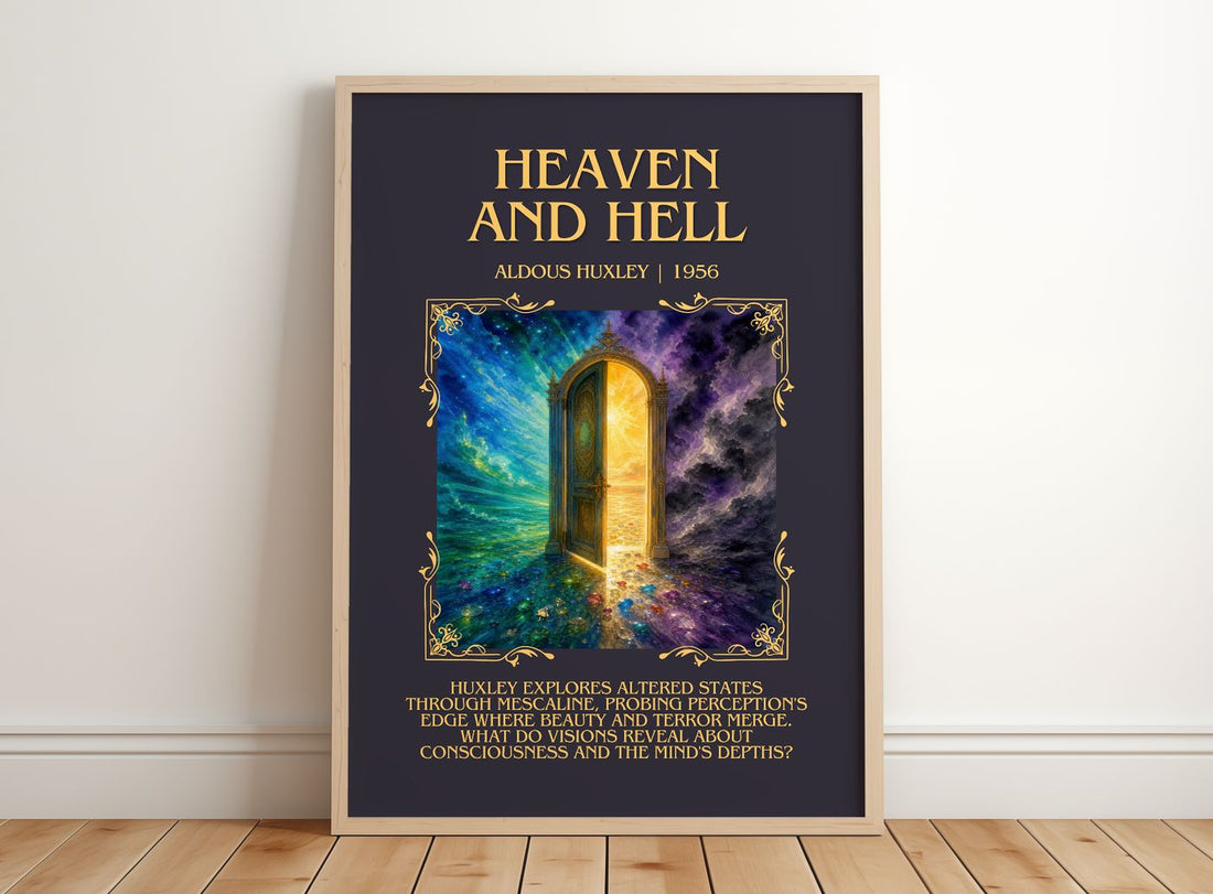 Heaven And Hell Minimalist Book Poster by Aldous Huxley – framed print leaning on a wooden floor