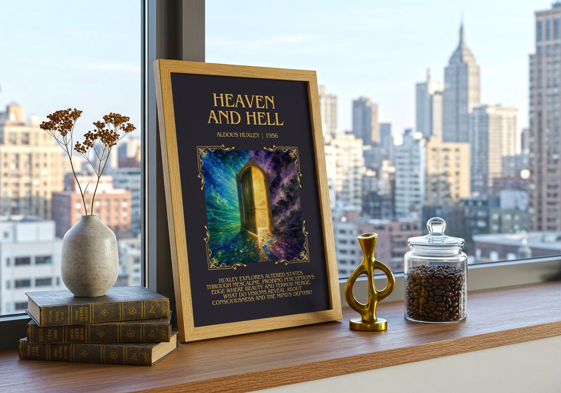 Heaven And Hell Minimalist Book Poster by Aldous Huxley – framed print on a city-view windowsill