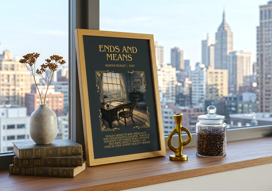 Ends And Means Minimalist Book Poster by Aldous Huxley – framed print on a city-view windowsill