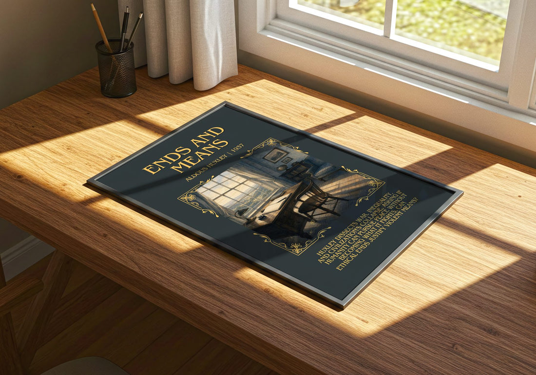Ends And Means Minimalist Book Poster by Aldous Huxley – print on a sunlit desk